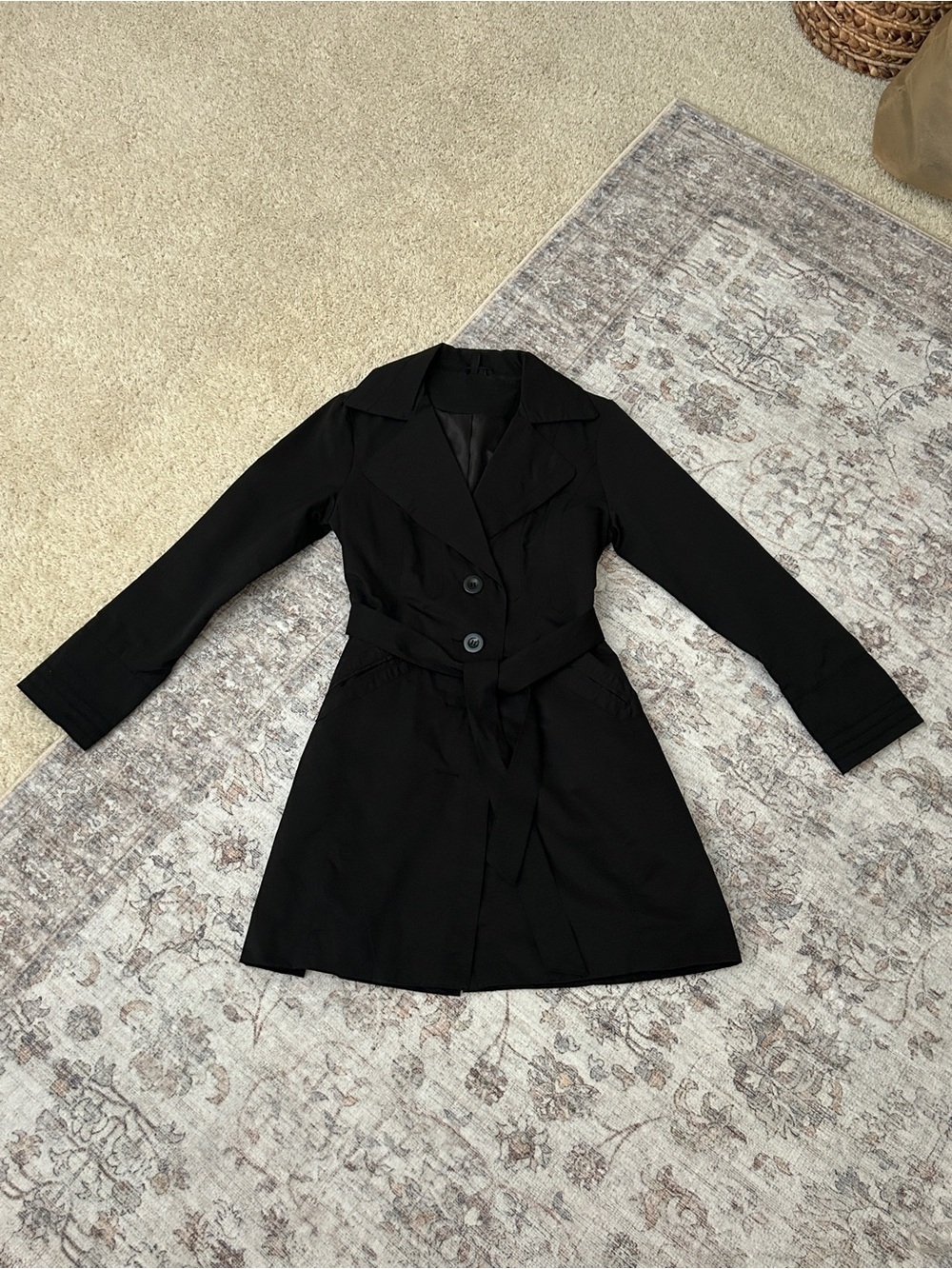 Ambition Black Trench Coat Rain Coat Button Down Tie Waist Women’s Rain Jacket